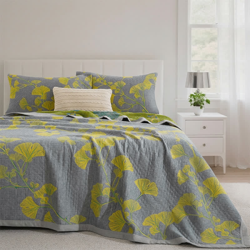Couette réversible en coton à motif floral rétro de jardin Ownkoti - Gris clair - Steppdecke mit 2 Kissenbezügen - 234cm x 264cm - image 0