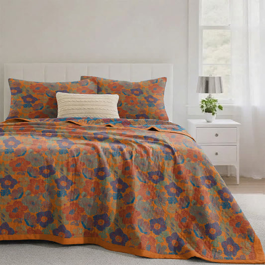 Couette réversible en coton à motif floral multicolore vintage Ownkoti - Orange - Steppdecke mit 2 Kissenbezügen - 234cmx264cm - image 0