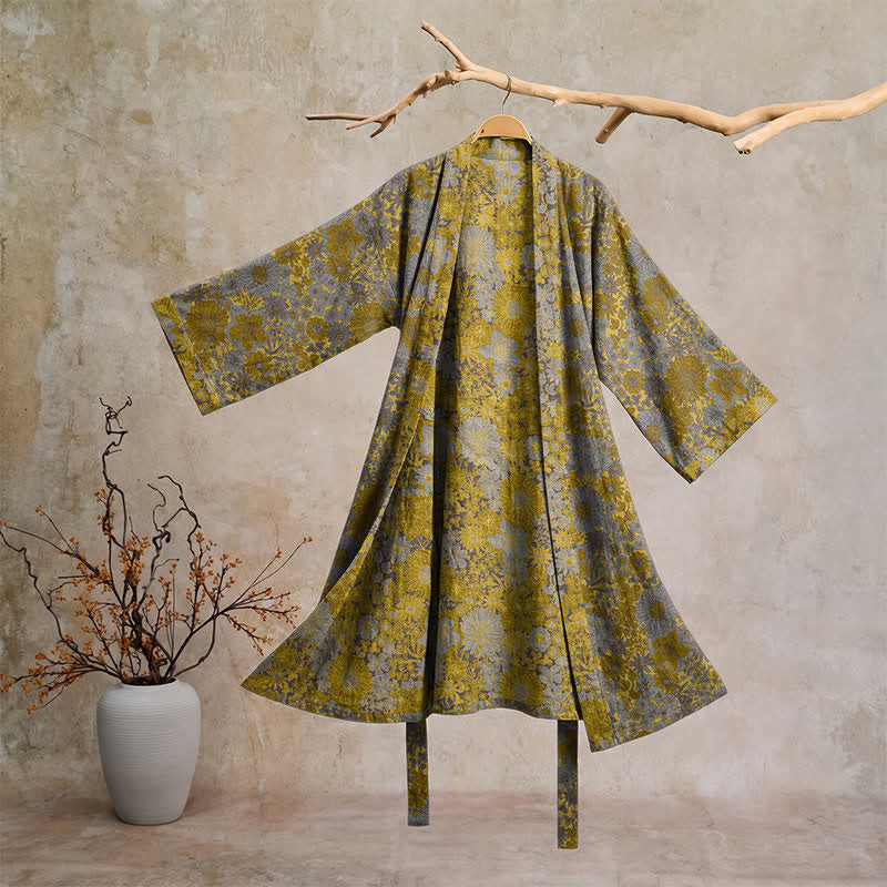 Peignoir de salon en coton à motif floral discret rétro Ownkoti - Gris clair - 2XL - image 0