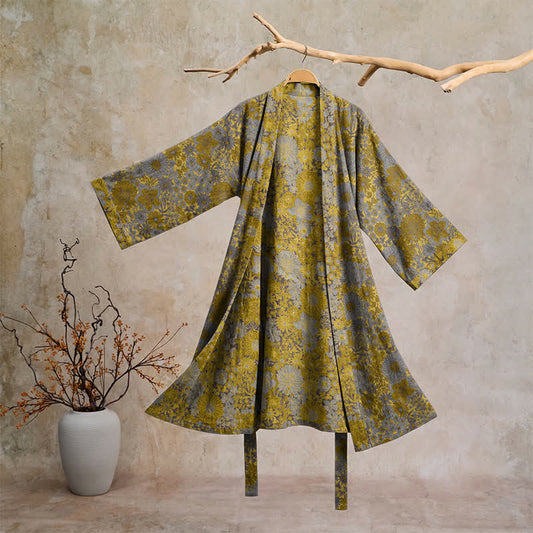 Peignoir de salon en coton à motif floral discret rétro Ownkoti - Gris clair - 2XL - image 0