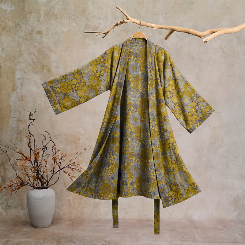 Peignoir de salon en coton à motif floral discret rétro Ownkoti - Jaune - 2XL - image 5