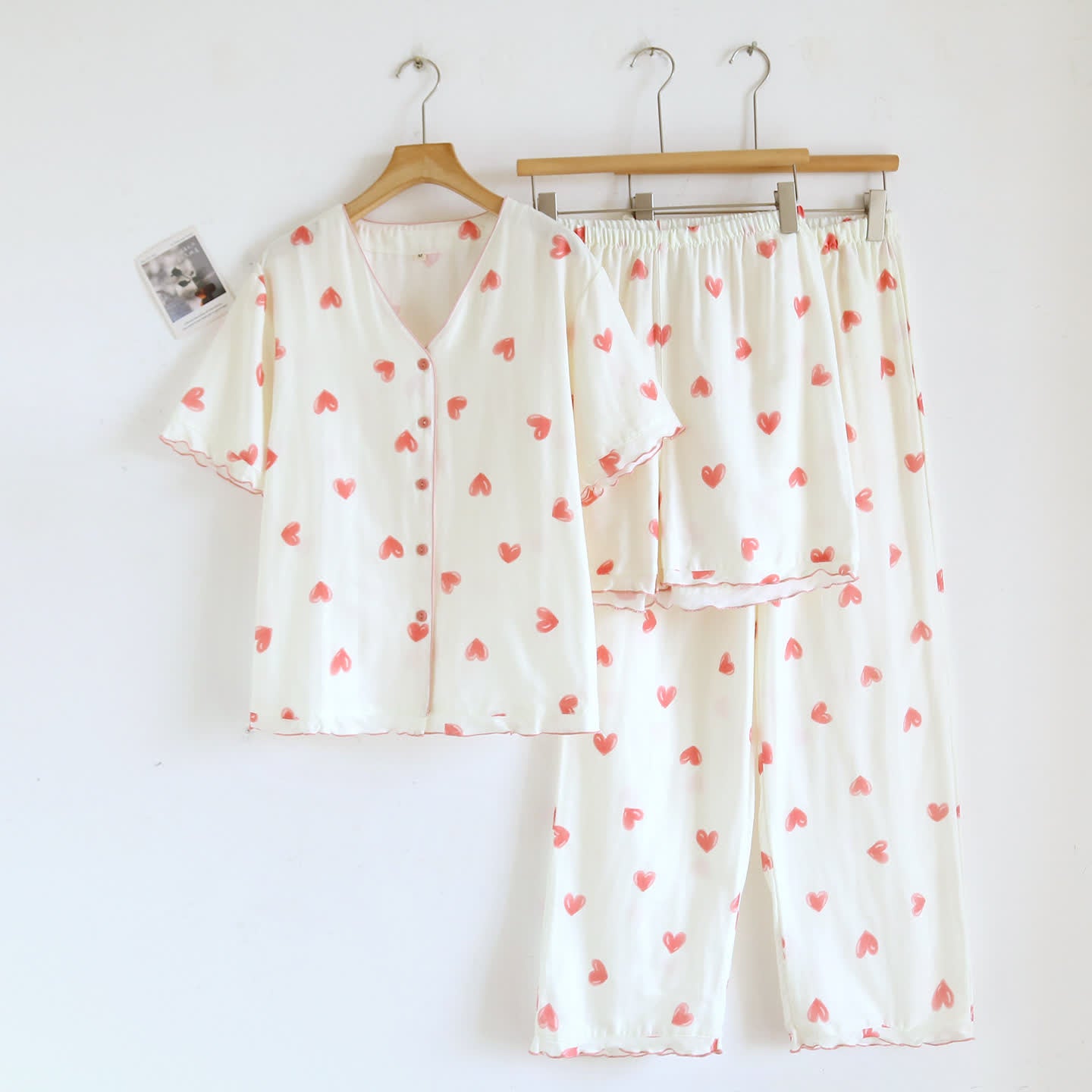 Ensemble de vêtements d'intérieur en gaze de coton à imprimé cœur Ownkoti (3 pièces) - rose et blanc - XL - image 0
