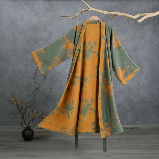 Peignoir kimono réversible en coton à motif floral vintage Ownkoti - Vert - 2XL - image 0