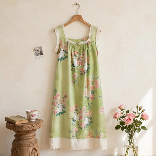 Nuisette sans manches à imprimé floral et chat Ownkoti - Vert clair - XL - image 0