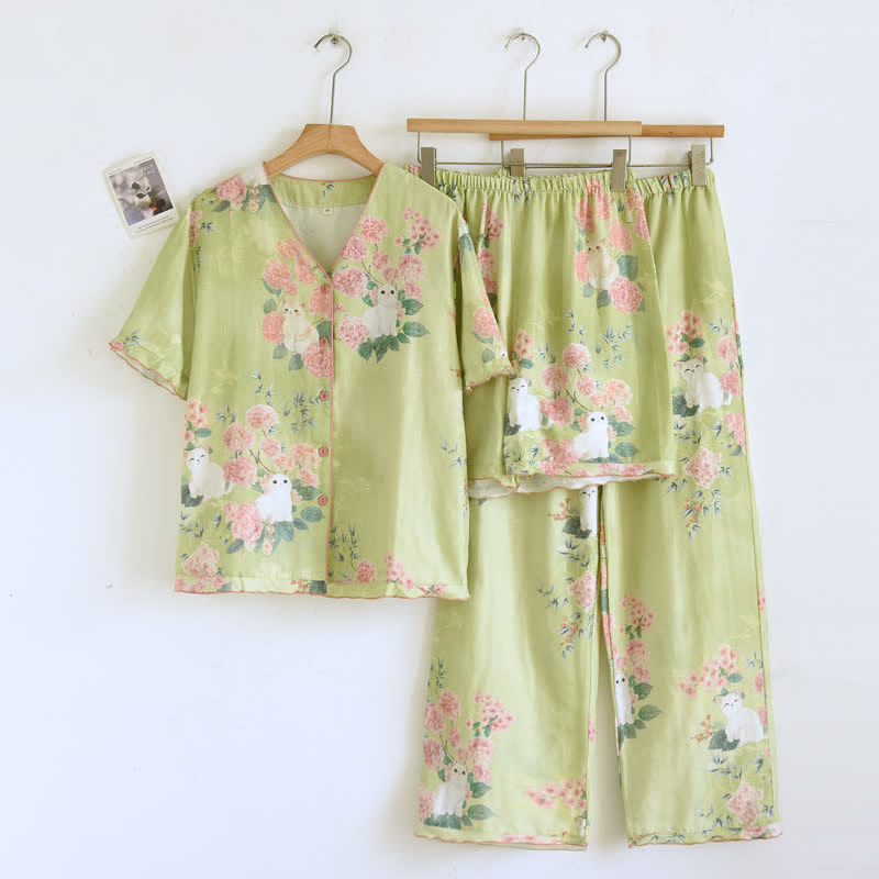 Ensemble de vêtements d'intérieur 3 pièces en coton à motif floral menthe et chat Ownkoti - Vert - XL - image 0