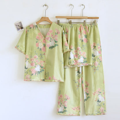 Ensemble de vêtements d'intérieur 3 pièces en coton à motif floral menthe et chat Ownkoti - Vert - XL - image 0