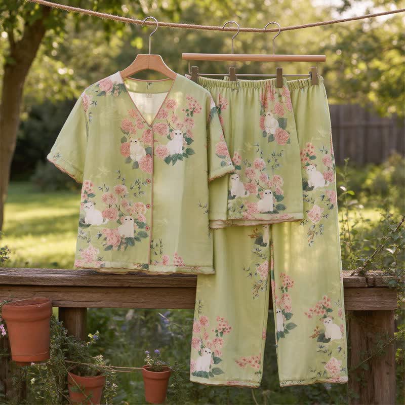Ensemble de vêtements d'intérieur 3 pièces en coton à motif floral menthe et chat Ownkoti - image 1
