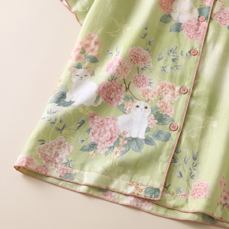 Ensemble de vêtements d'intérieur 3 pièces en coton à motif floral menthe et chat Ownkoti - image 5