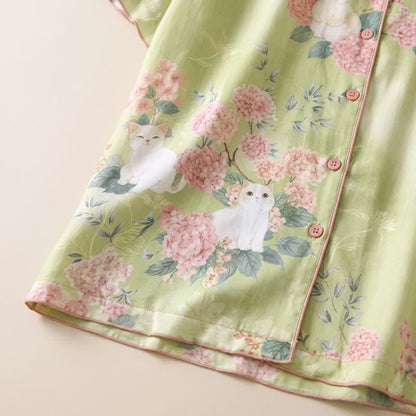Ensemble de vêtements d'intérieur 3 pièces en coton à motif floral menthe et chat Ownkoti - image 5