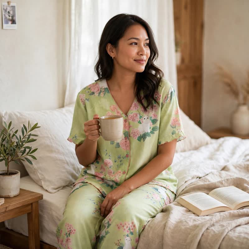 Ensemble de vêtements d'intérieur 3 pièces en coton à motif floral menthe et chat Ownkoti - image 4