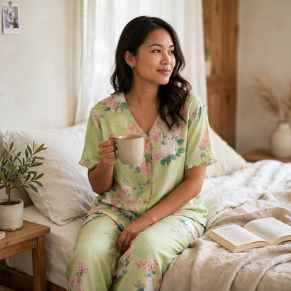 Ensemble de vêtements d'intérieur 3 pièces en coton à motif floral menthe et chat Ownkoti - image 4