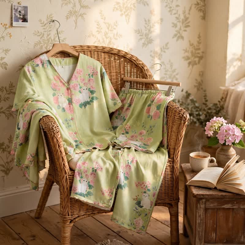 Ensemble de vêtements d'intérieur 3 pièces en coton à motif floral menthe et chat Ownkoti - image 2