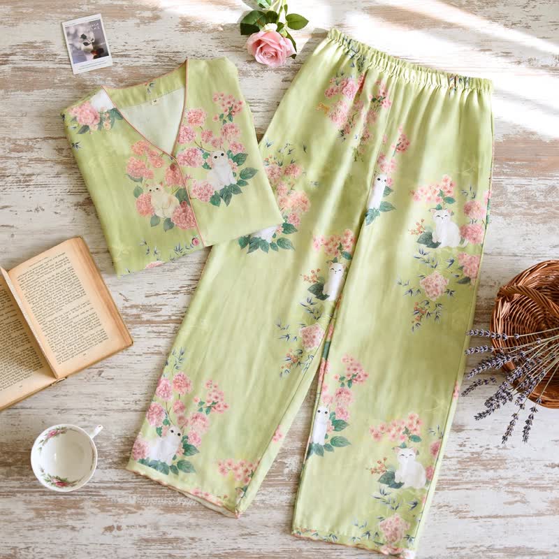 Ensemble de vêtements d'intérieur 3 pièces en coton à motif floral menthe et chat Ownkoti - image 3
