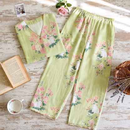 Ensemble de vêtements d'intérieur 3 pièces en coton à motif floral menthe et chat Ownkoti - image 3