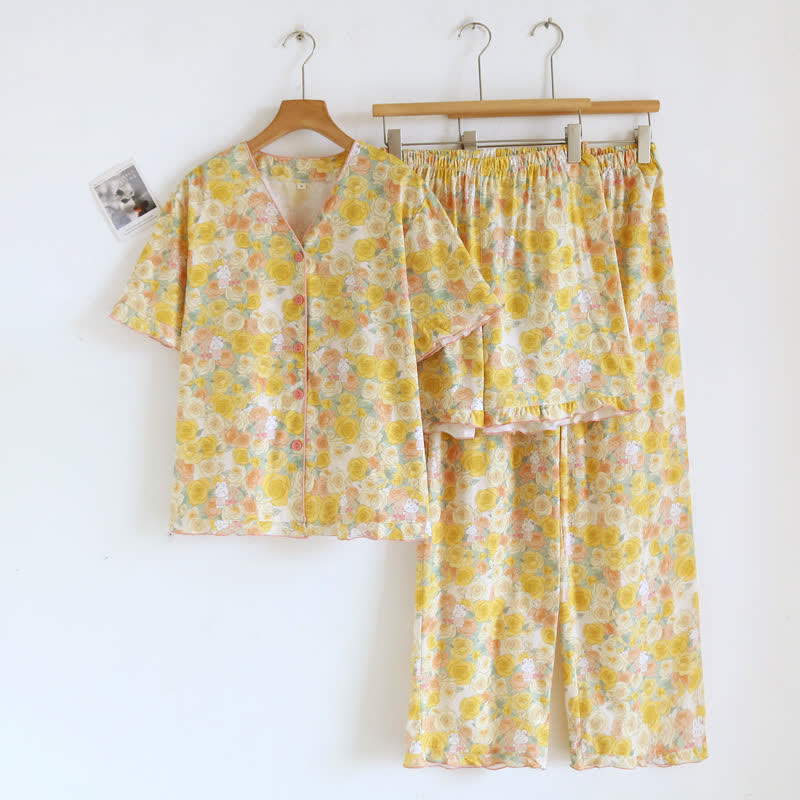 Ensemble de vêtements d'intérieur 3 pièces en coton rose jaune Ownkoti - Jaune - XL - image 0