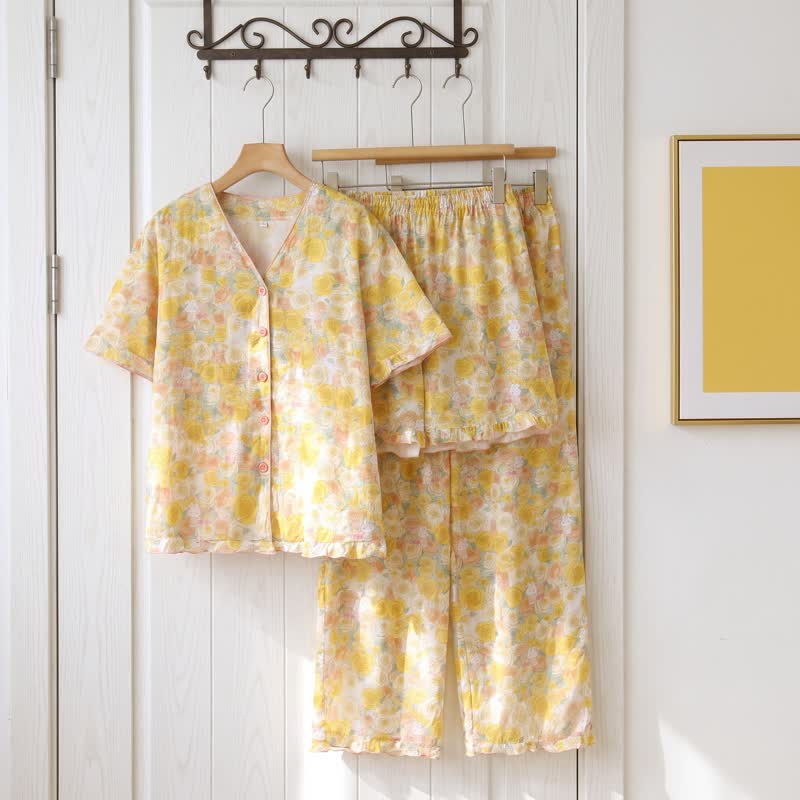 Ensemble de vêtements d'intérieur 3 pièces en coton rose jaune Ownkoti - image 1