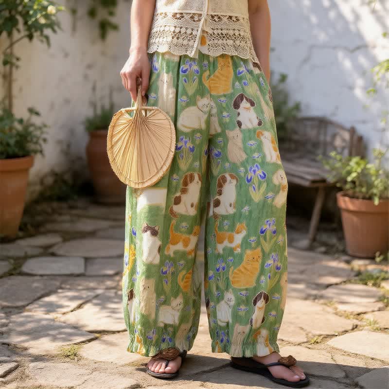 Pantalon de détente harem à imprimé chat vert Ownkoti - image 2