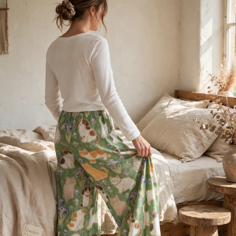 Pantalon de détente harem à imprimé chat vert Ownkoti - image 5