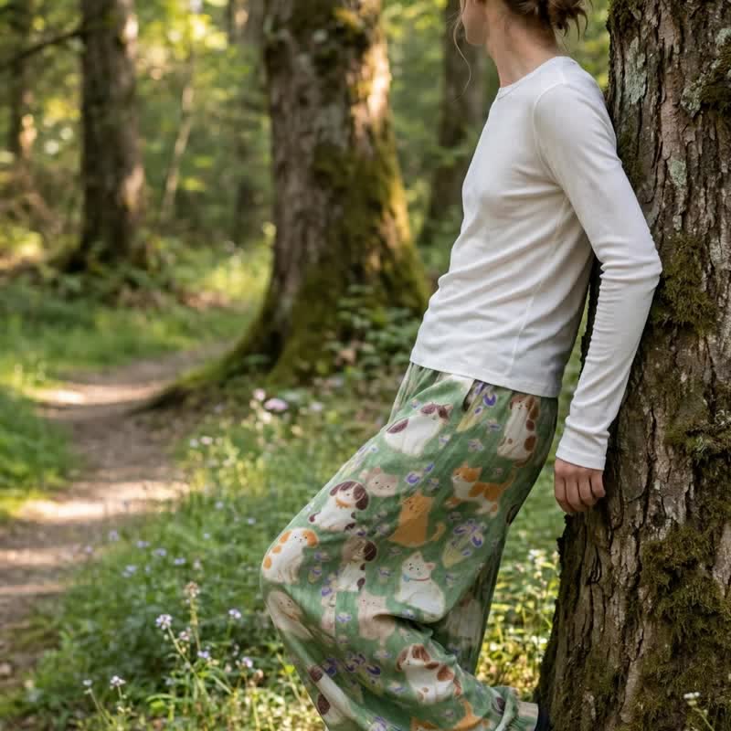Pantalon de détente harem à imprimé chat vert Ownkoti - image 4