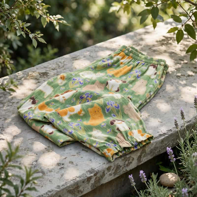 Pantalon de détente harem à imprimé chat vert Ownkoti - image 1