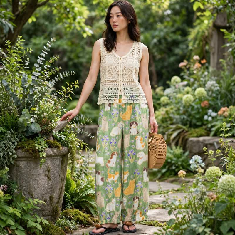 Pantalon de détente harem à imprimé chat vert Ownkoti - image 3
