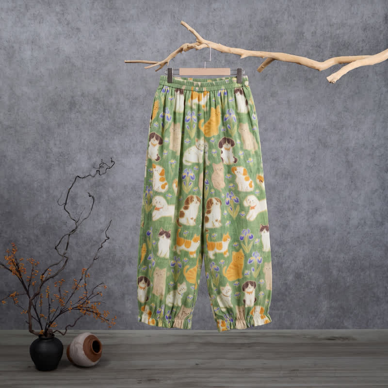 Pantalon de détente harem à imprimé chat vert Ownkoti - Vert - XL - image 0