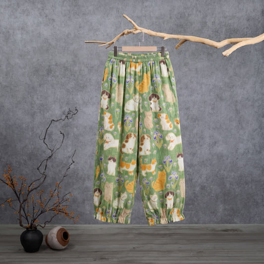 Pantalon de détente harem à imprimé chat vert Ownkoti - Vert - XL - image 0