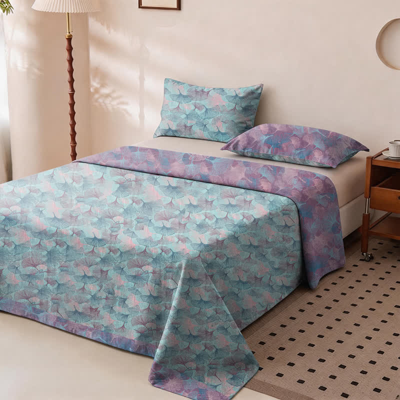 Parure de lit en coton Ownkoti à motif feuilles de ginkgo vintage discret - Bleu - 2 taies d'oreiller - 40" x 20" - image 0