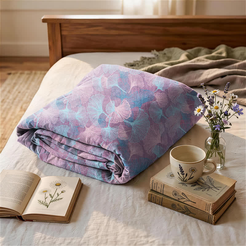 Couverture en coton Ownkoti rétro botanique à feuilles de ginkgo - Violet - 90" x 92" - image 3