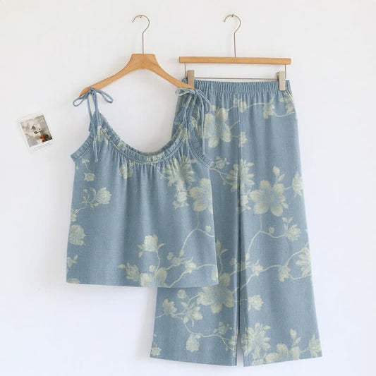 Ensemble de détente Ownkoti Vintage Floral Cotton Cami Loungewear Set - Bleu - XL - image 0