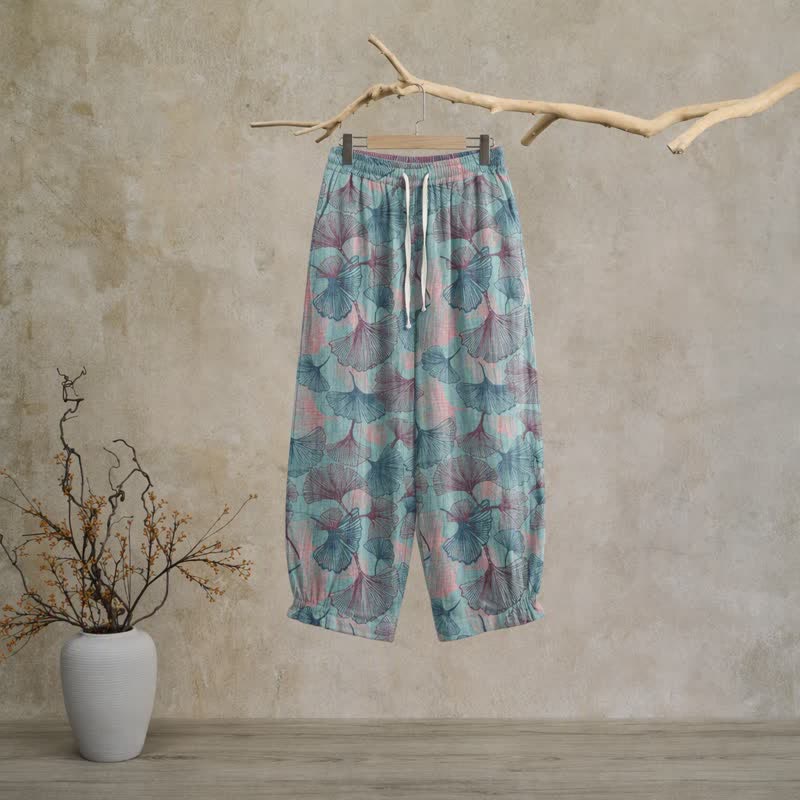 Pantalon de détente en coton à motif de ginkgo vintage Ownkoti - Bleu - XL - image 0
