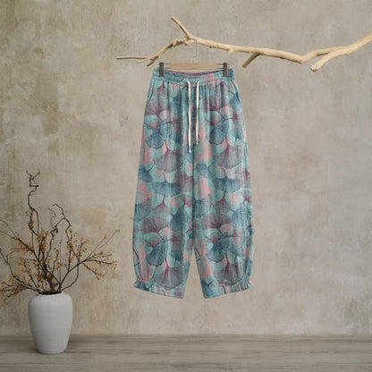 Pantalon de détente en coton à motif de ginkgo vintage Ownkoti - Bleu - XL - image 0