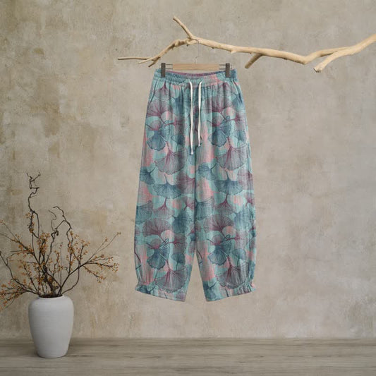 Pantalon de détente en coton à motif de ginkgo vintage Ownkoti - Bleu - XL - image 0