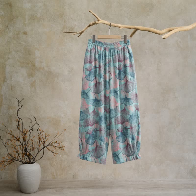 Pantalon de détente en coton à motif de ginkgo vintage Ownkoti - image 1