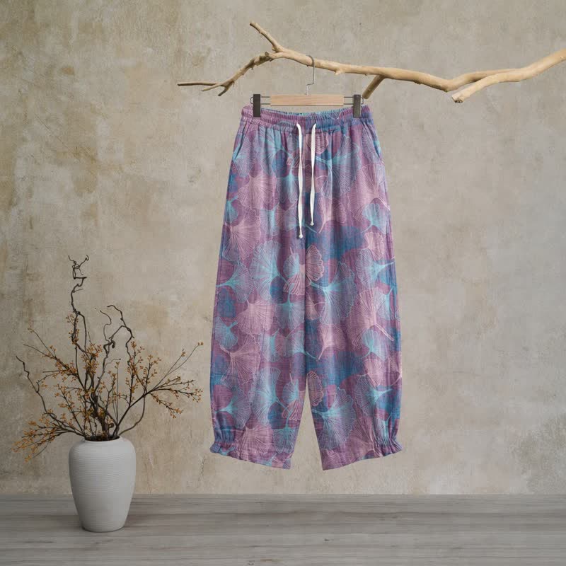 Pantalon de détente en coton à motif de ginkgo vintage Ownkoti - Violet - XL - image 5