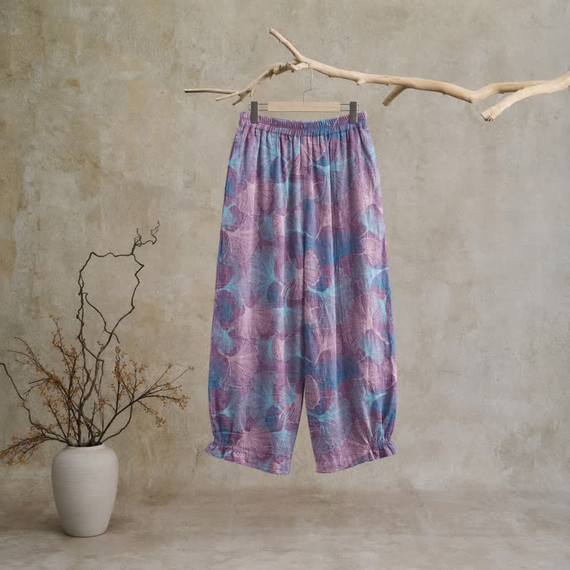 Pantalon de détente en coton à motif de ginkgo vintage Ownkoti - image 6