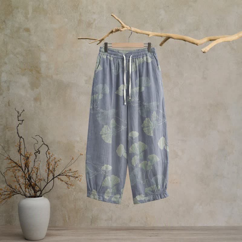 Pantalon de détente en coton Ownkoti rétro à motif botanique de feuille de ginkgo - Bleu - XL - image 0