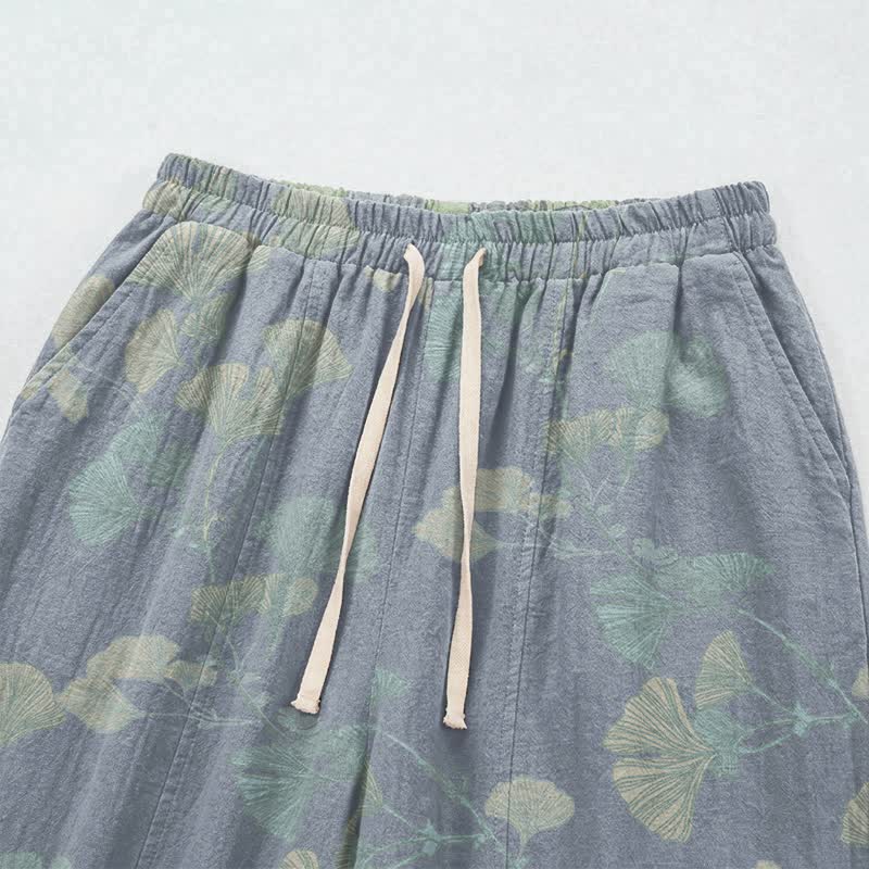 Pantalon de détente en coton Ownkoti rétro à motif botanique de feuille de ginkgo - image 2