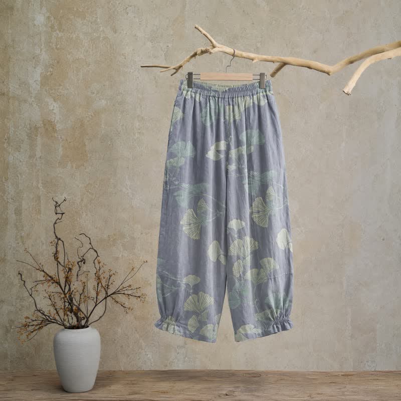 Pantalon de détente en coton Ownkoti rétro à motif botanique de feuille de ginkgo - image 1