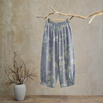 Pantalon de détente en coton Ownkoti rétro à motif botanique de feuille de ginkgo - image 1