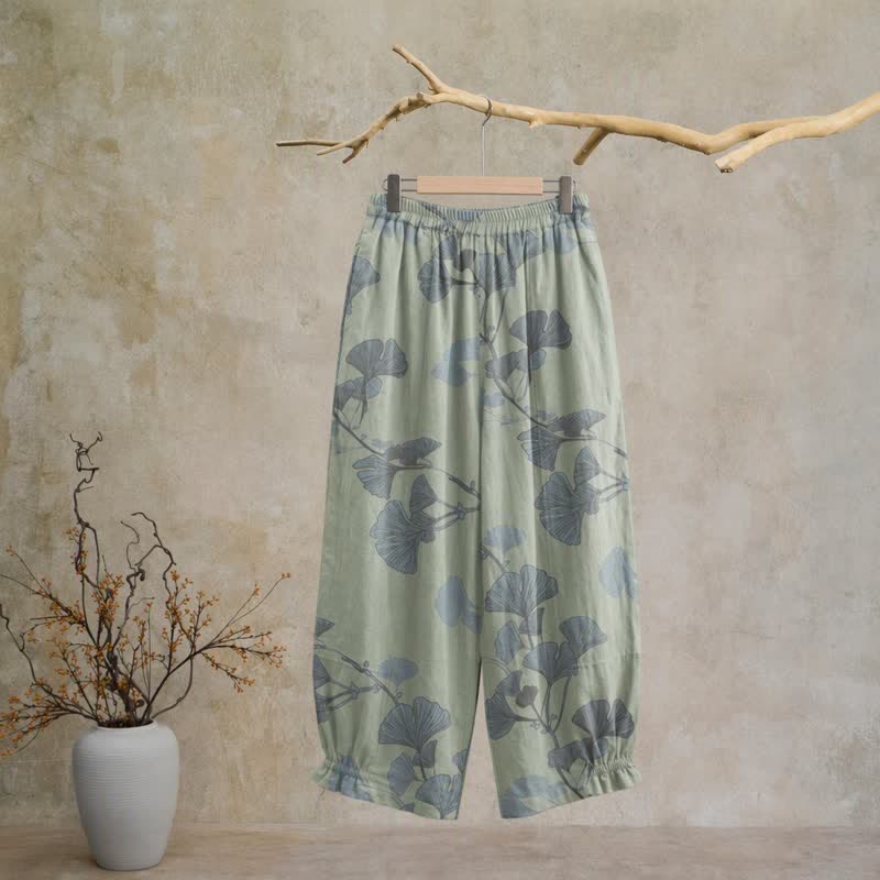 Pantalon de détente en coton Ownkoti rétro à motif botanique de feuille de ginkgo - image 6