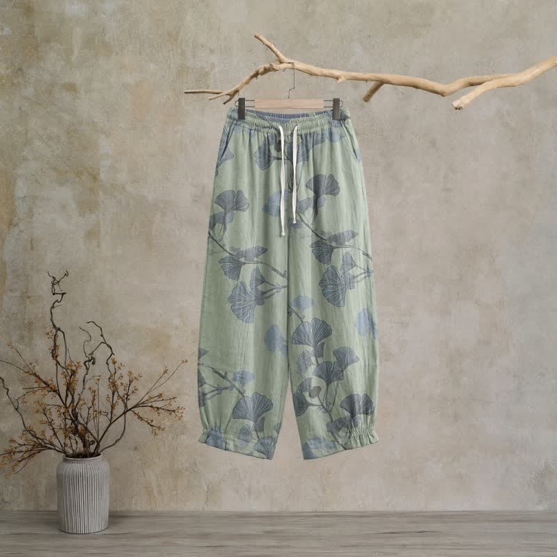 Pantalon de détente en coton Ownkoti rétro à motif botanique de feuille de ginkgo - Vert - XL - image 5