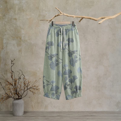 Pantalon de détente en coton Ownkoti rétro à motif botanique de feuille de ginkgo - Vert - XL - image 5