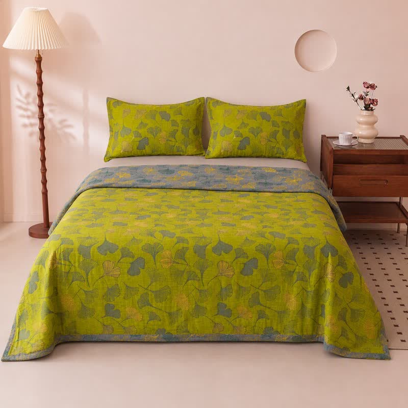 Ensemble de couvre-lit en coton vert vintage à motif de ginkgo Ownkoti - image 1