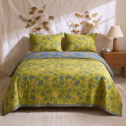 Ensemble de couvre-lit en coton vert vintage à motif de ginkgo Ownkoti - Vert - Couvre-lit avec 2 taies d'oreiller - Roi - image 0