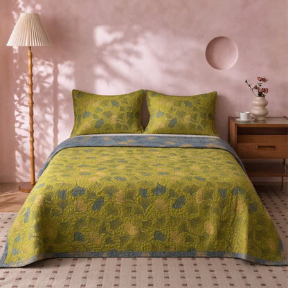 Ensemble de couvre-lit en coton vert vintage à motif de ginkgo Ownkoti - image 3