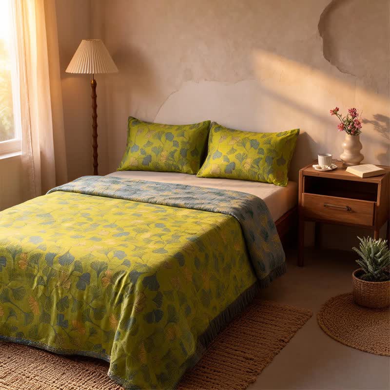Ensemble de couvre-lit en coton vert vintage à motif de ginkgo Ownkoti - image 4
