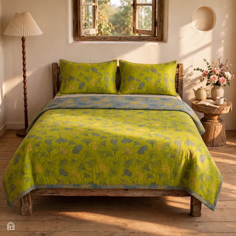 Ensemble de couvre-lit en coton vert vintage à motif de ginkgo Ownkoti - image 2