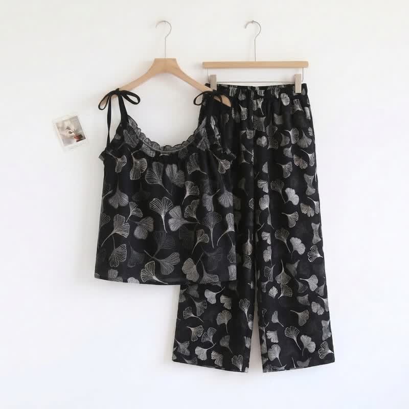 Ensemble de détente Ownkoti Vintage Ginkgo Leaf Cotton Cami Loungewear Set - Noir - XL - image 0
