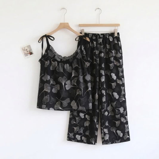 Ensemble de détente Ownkoti Vintage Ginkgo Leaf Cotton Cami Loungewear Set - Noir - XL - image 0